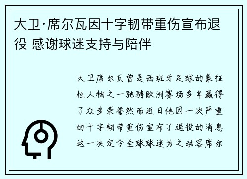 大卫·席尔瓦因十字韧带重伤宣布退役 感谢球迷支持与陪伴 大卫·席尔瓦因十字韧带重伤宣布退役 感谢球迷支持与陪伴