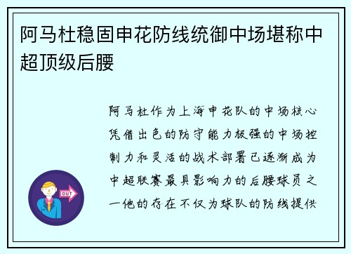 阿马杜稳固申花防线统御中场堪称中超顶级后腰