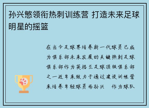 孙兴慜领衔热刺训练营 打造未来足球明星的摇篮